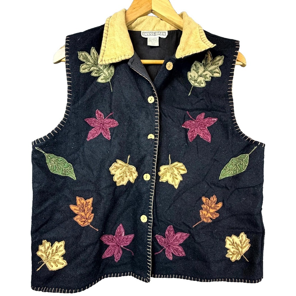 Vintage Dress Barn Vest Womens Large Black Fall Leaves Embroidered Button Front